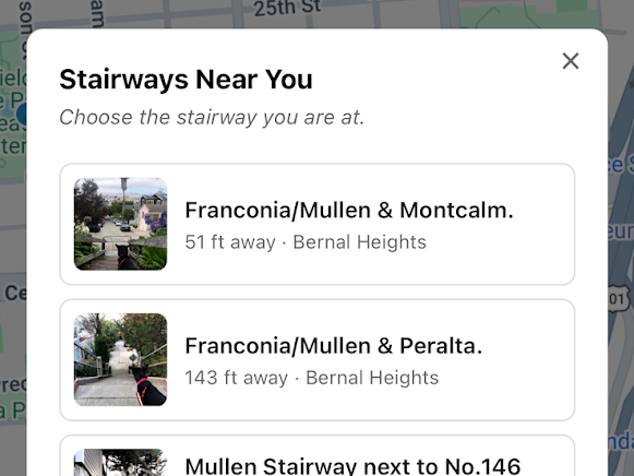 Nearby stairways displayed in the SF Stairway Spotter check-in screen