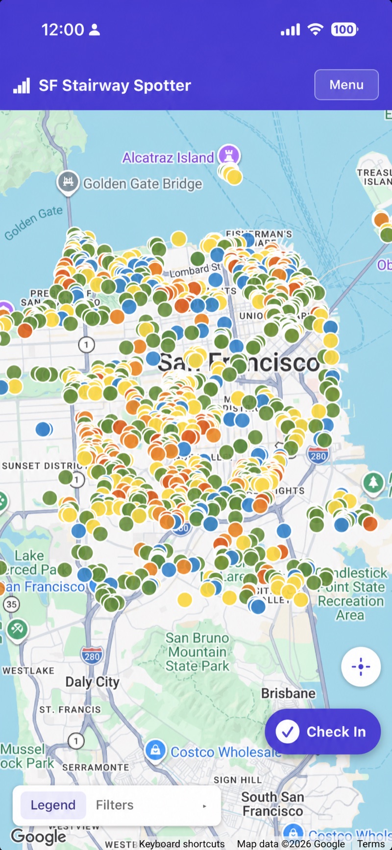 SF Stairway Spotter map filled with color-coded stairway markers